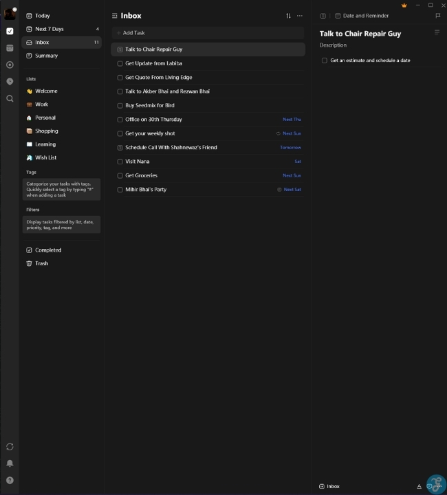 Desktop task management app displaying an organized inbox with deadlines, categories, and detailed task notes
