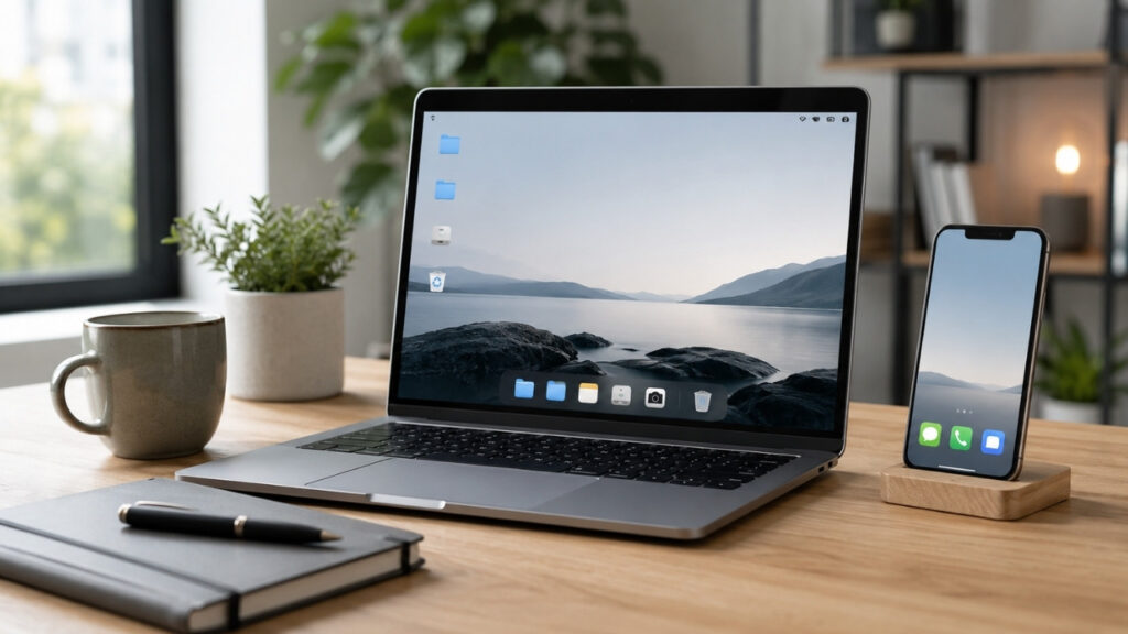How to digital declutter your tech using a tidy laptop, minimal phone screen, and organized desk for a calmer, distraction free workspace.