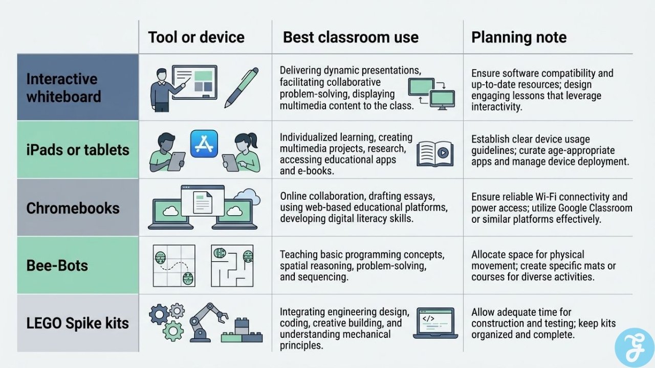 Comparison chart matching interactive whiteboards, tablets, Chromebooks, Bee Bots, and LEGO Spike kits with classroom uses.
