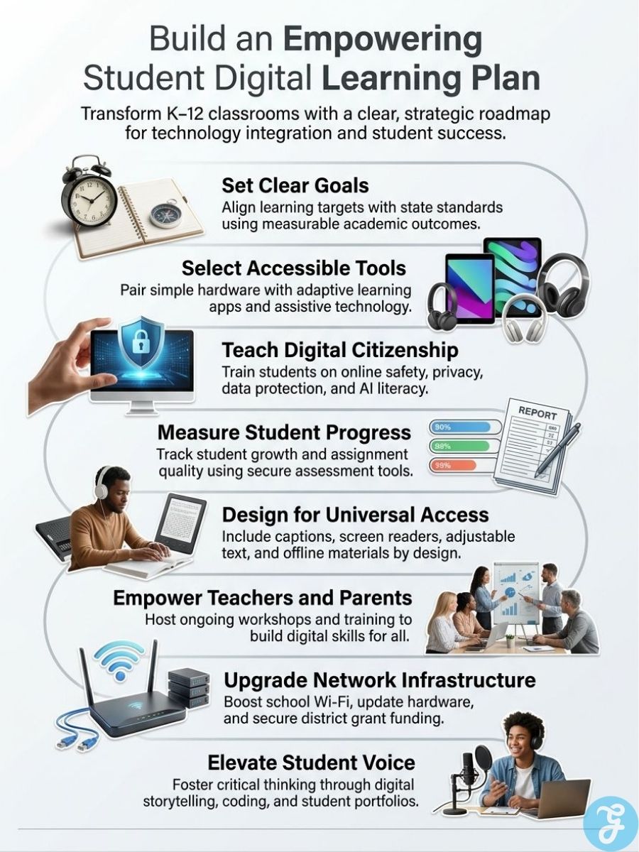 Infographic outlining goals, accessible tools, digital citizenship, progress tracking, teacher support, and infrastructure for student learning.