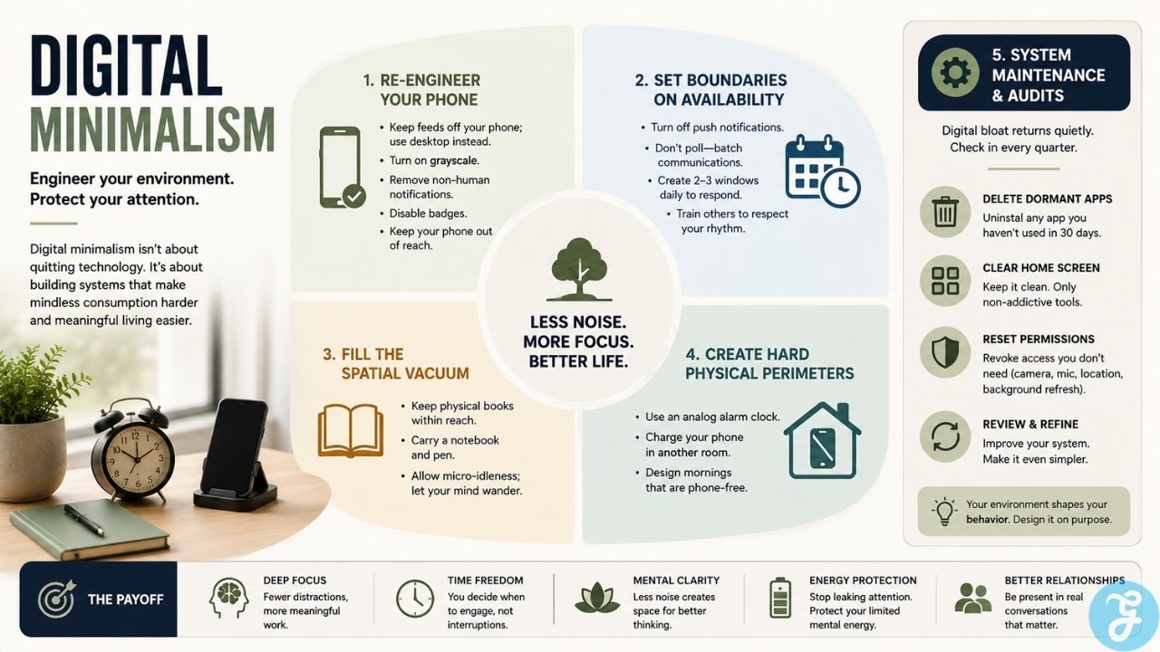 Digital minimalism infographic explaining how phone controls, availability boundaries, analog habits, and regular audits protect attention.