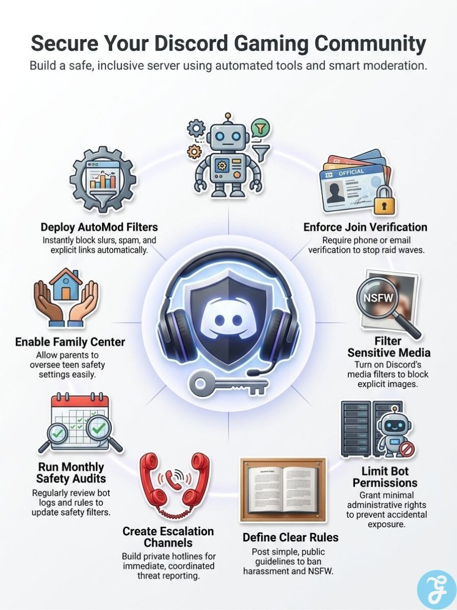 Infographic showing practical security and moderation steps for protecting Discord gaming communities.