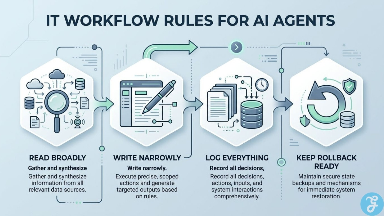 AI agent workflow showing controlled data access, limited actions, activity logging, and rollback protection.