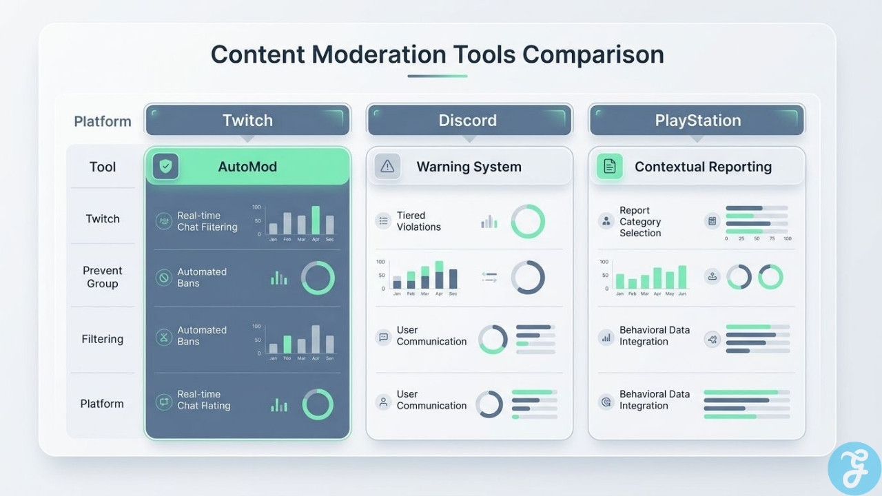 Comparison of content moderation tools used by gaming platforms to detect harmful behavior, manage reports, and protect players.