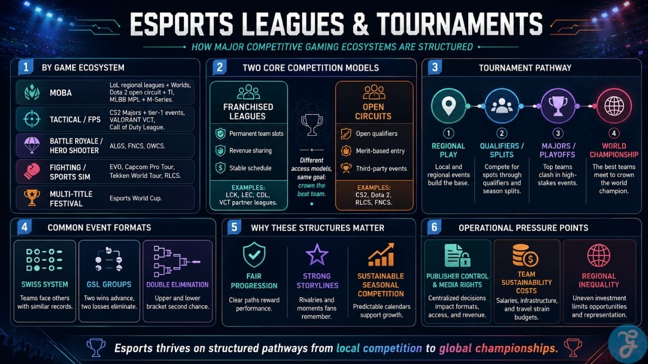 Visual guide explaining esports competition models, tournament pathways, event formats, and industry challenges across major gaming ecosystems