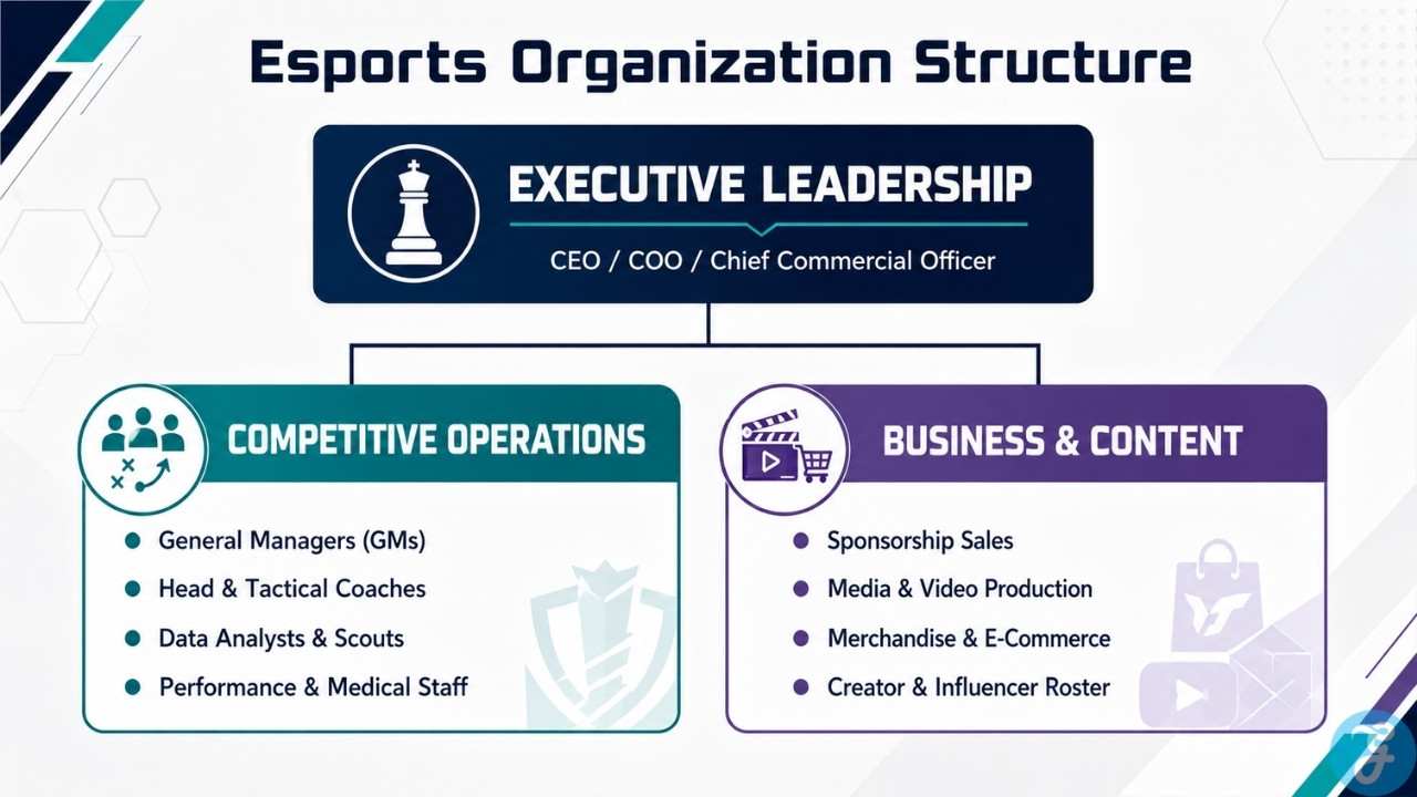 Esports organization chart showing how executive leadership oversees competitive operations, sponsorships, content, merchandise, and support staff.