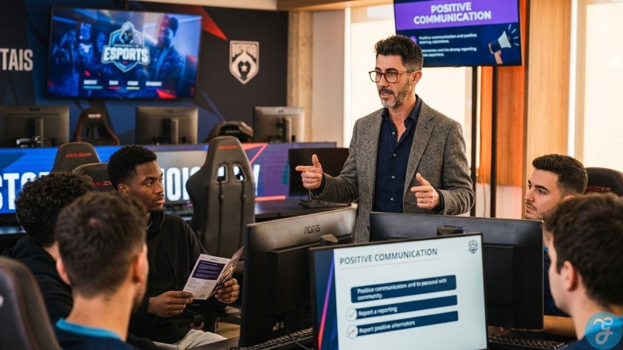 Esports coach leading a positive communication workshop to help competitive players recognize, report, and prevent harassment.