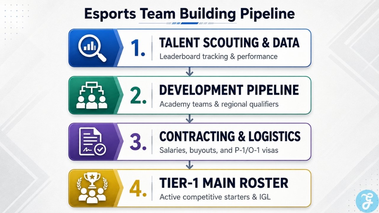 Esports roster development pipeline showing how scouting, academy teams, contracts, and logistics lead players to a Tier 1 roster.