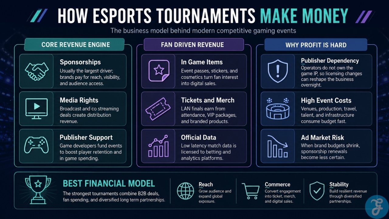 Infographic showing how esports tournaments earn from sponsorships, media rights, fan purchases, and data deals, helping readers understand the business model clearly.