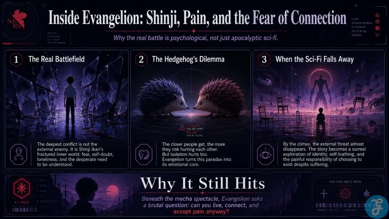 Infographic about Neon Genesis Evangelion showing Shinji Ikari, the Hedgehog’s Dilemma, identity, pain, and psychological sci fi storytelling