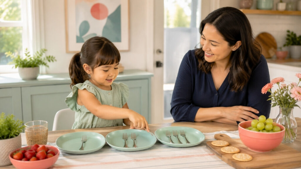 Everyday counting practice for kids as a child counts forks while setting the table with a parent.
