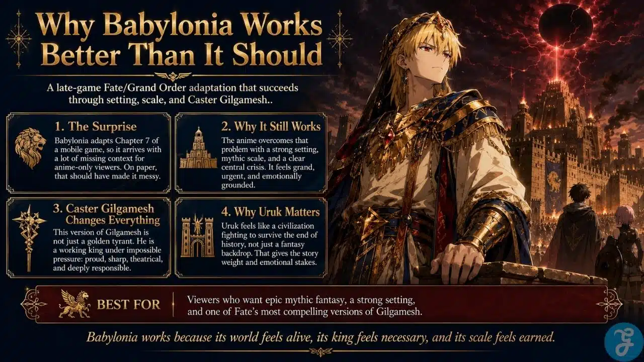 Fate Grand Order Babylonia infographic showing why Caster Gilgamesh Uruk and mythic scale make the anime work