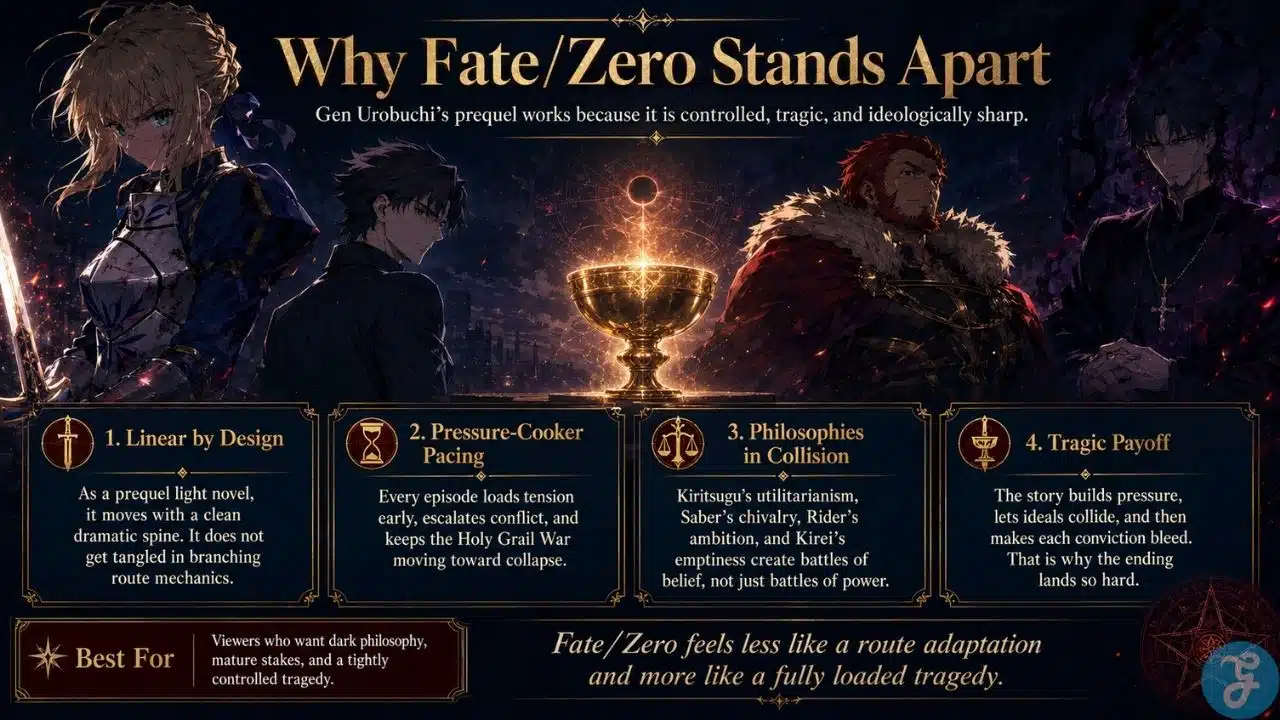 Fate Zero infographic explaining why Gen Urobuchi prequel stands apart through tragedy philosophy and controlled storytelling