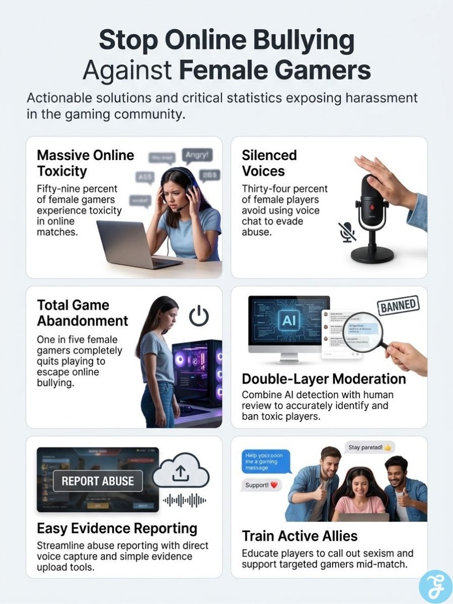 Infographic showing female gamer harassment risks, voice chat avoidance, reporting tools, moderation, and active ally support.