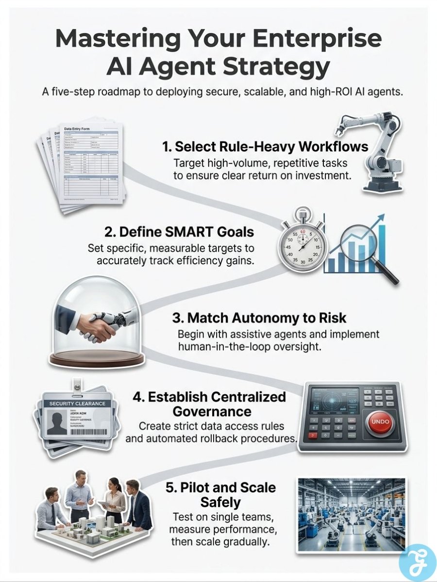 Five step enterprise AI agent strategy roadmap covering workflow selection, goals, risk based autonomy, governance, and safe scaling.
