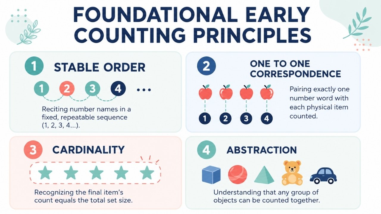 Infographic explaining stable order, one to one correspondence, cardinality, and abstraction through child friendly counting examples.