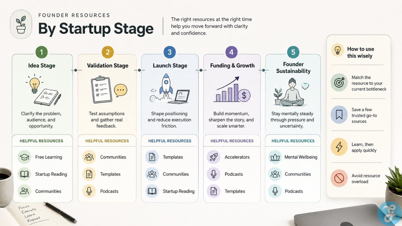Founder resources by startup stage infographic showing useful resources for idea, validation, launch, funding, growth, and founder sustainability