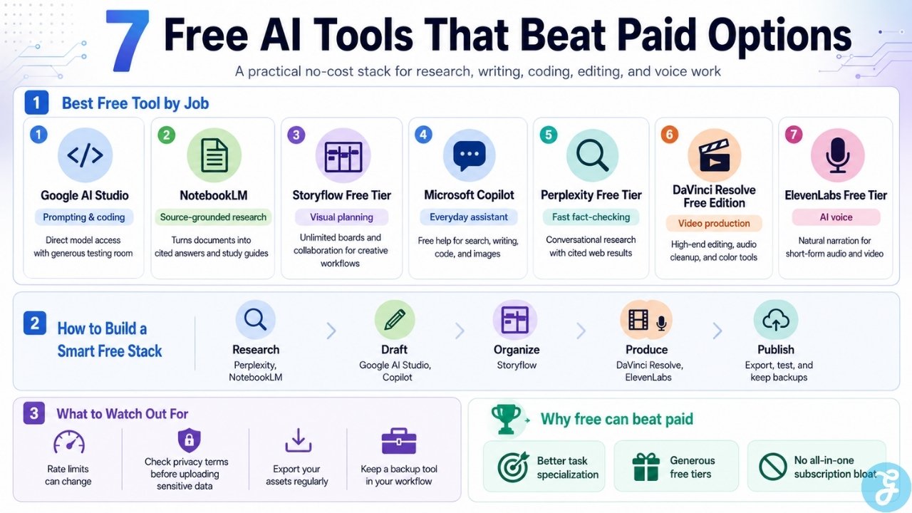 Infographic comparing seven free AI tools by task and showing how to combine them into a practical no cost creative workflow.