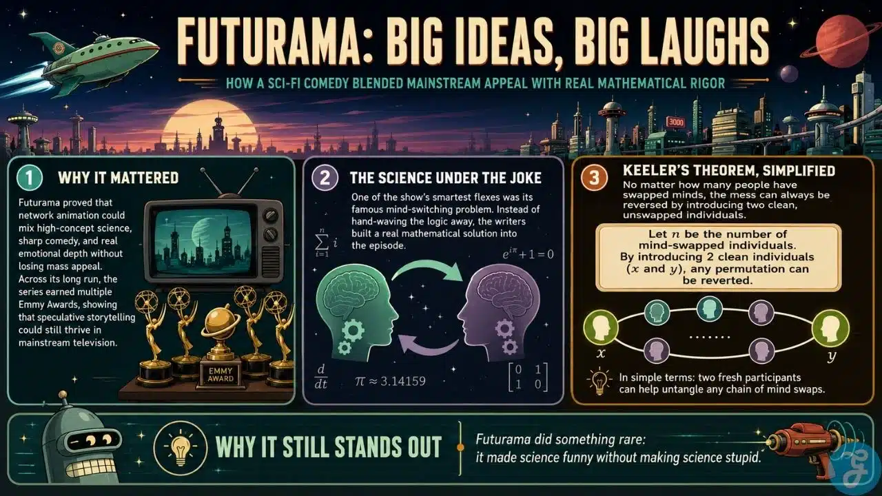Infographic showing how Futurama blends science fiction comedy, Emmy winning animation, and real mathematical ideas