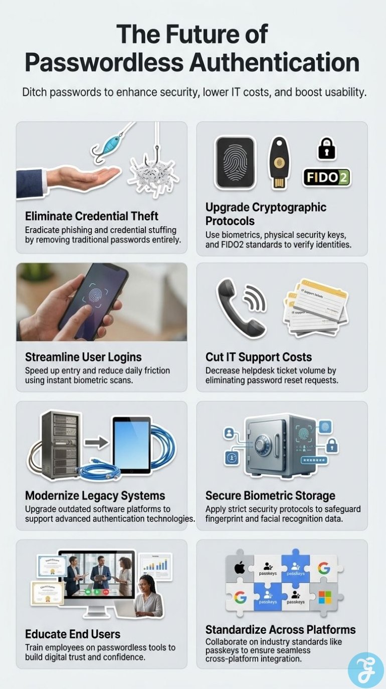 Infographic showing how passwordless authentication reduces credential theft, lowers IT costs, improves logins, and supports secure adoption.