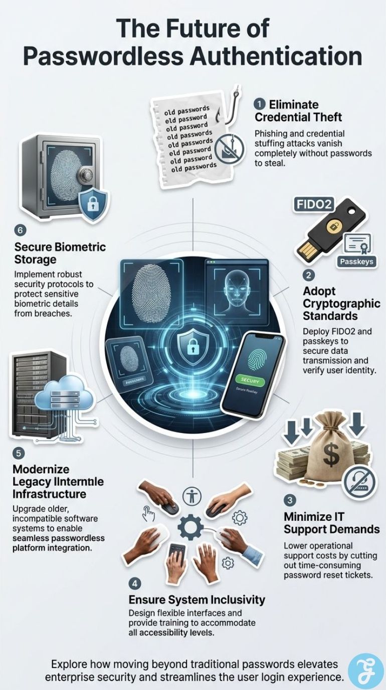 Six step passwordless authentication framework covering FIDO2, biometrics, legacy systems, accessibility, and reduced IT support.
