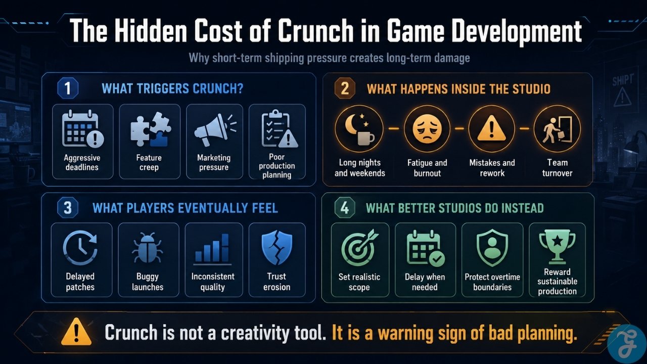 Infographic explaining how deadlines, feature creep, and poor planning create game dev crunch and damage developers, launches, and player trust