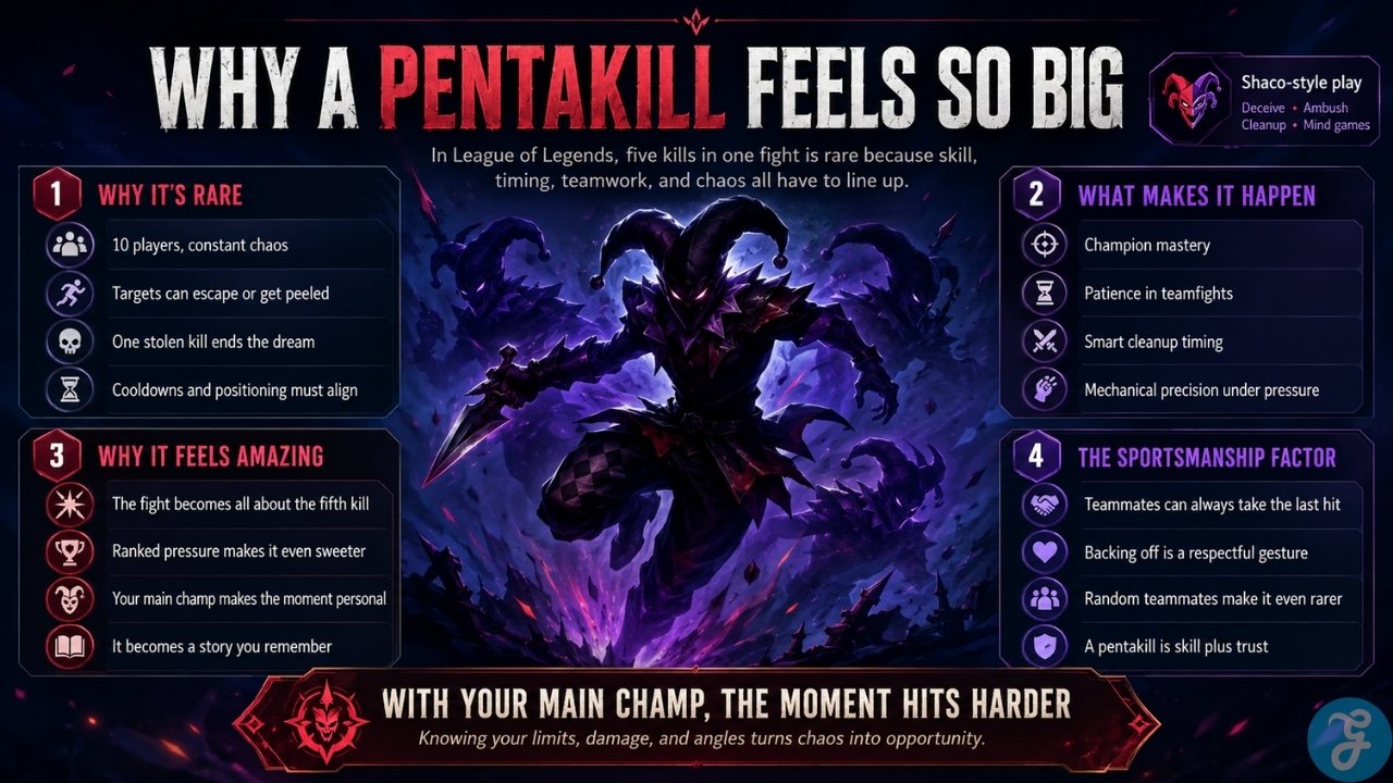 Infographic explaining why a Pentakill feels rare and rewarding through skill, timing, teamwork, and sportsmanship