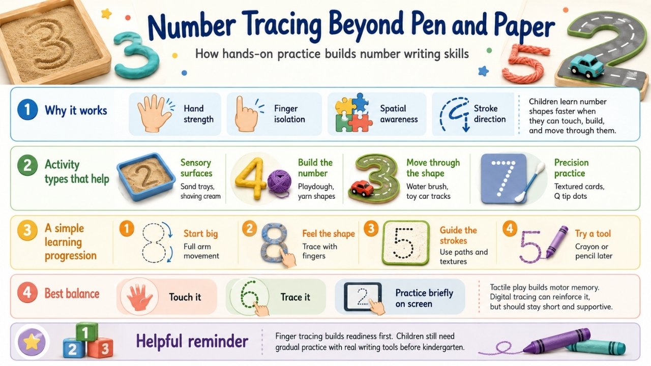 Infographic showing how sensory number tracing strengthens hand control, stroke direction, spatial awareness, and readiness for writing tools.