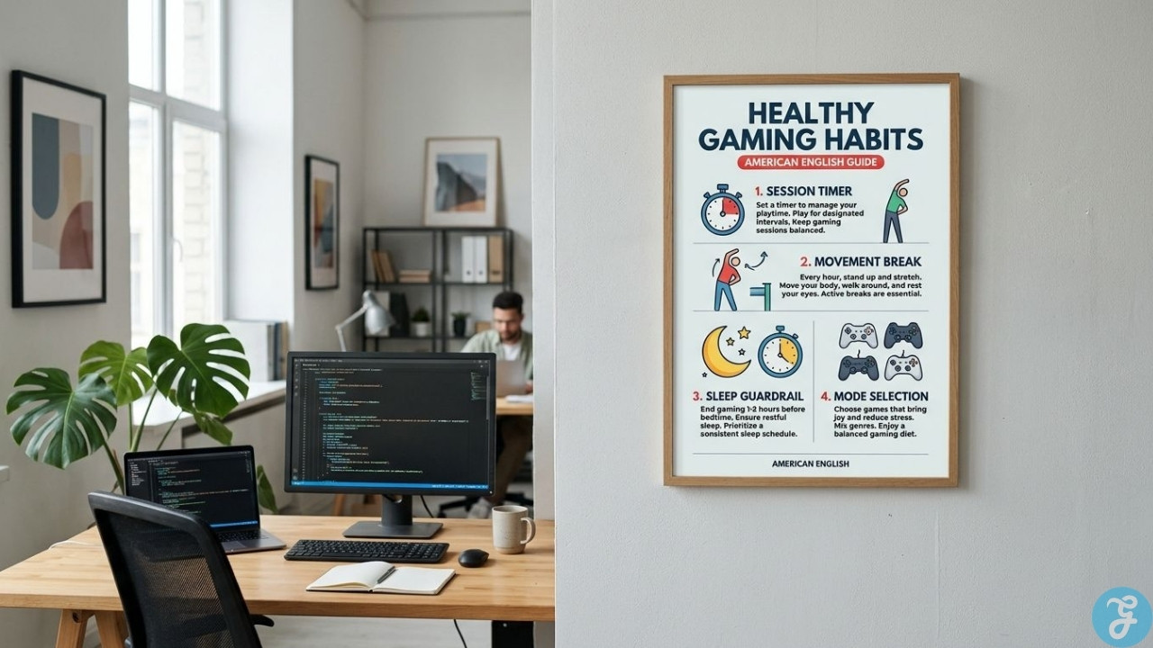 Healthy gaming habits poster showing session limits, movement breaks, sleep routines, and balanced game choices.