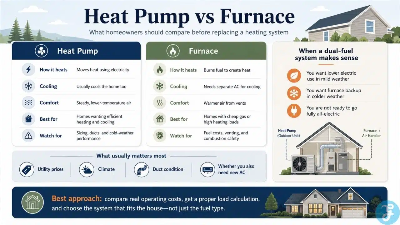 Heat pump vs furnace infographic comparing heating method cooling comfort best use cases and dual fuel system considerations