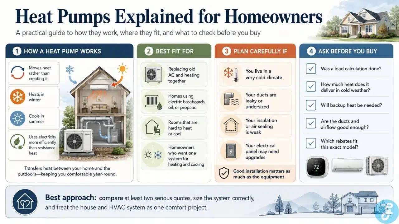 Heat pumps explained for homeowners infographic showing how heat pumps work best fit situations planning cautions and buying questions