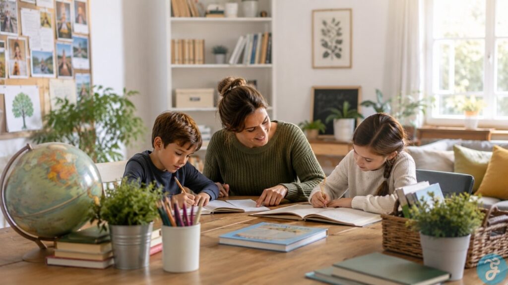homeschool community resources featured image. Parent guiding two children in a warm homeschool room, showing supportive home learning and family connection.