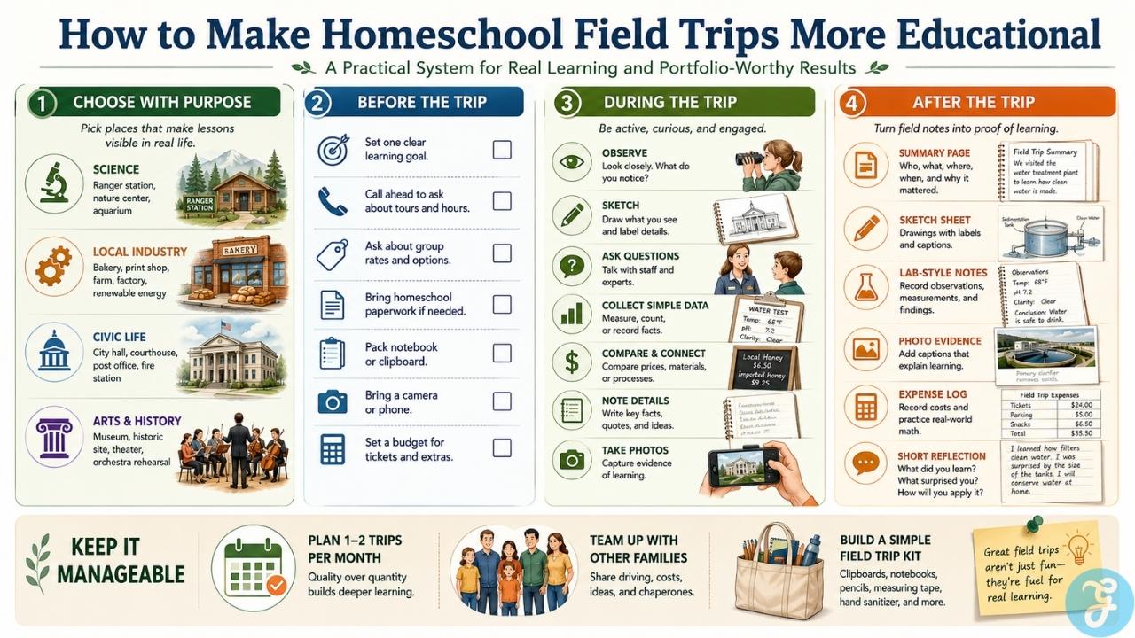 Infographic showing how to plan, document, and review homeschool field trips so families can turn outings into structured learning experiences.