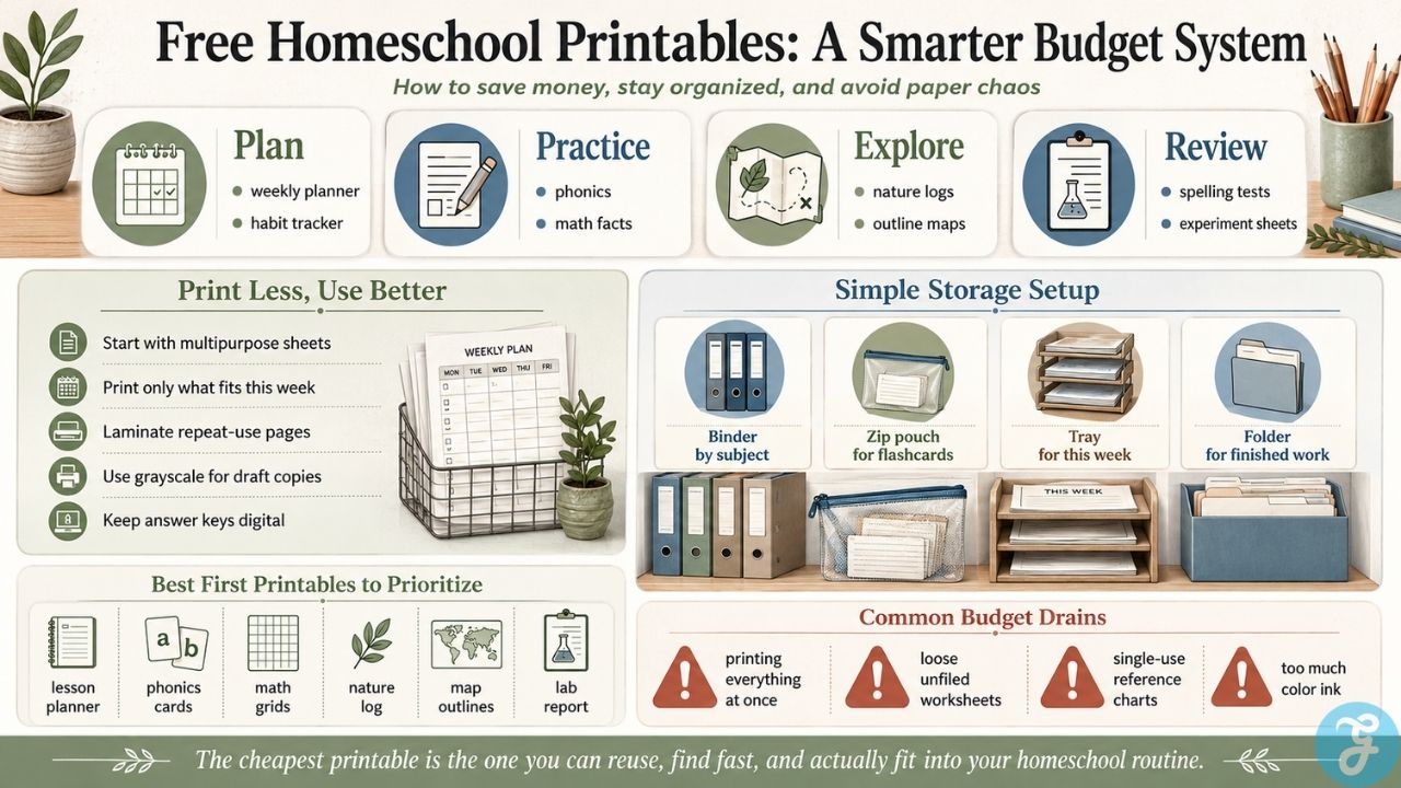 Infographic showing how to plan, organize, reuse, and prioritize homeschool printables while reducing paper clutter and printing costs.