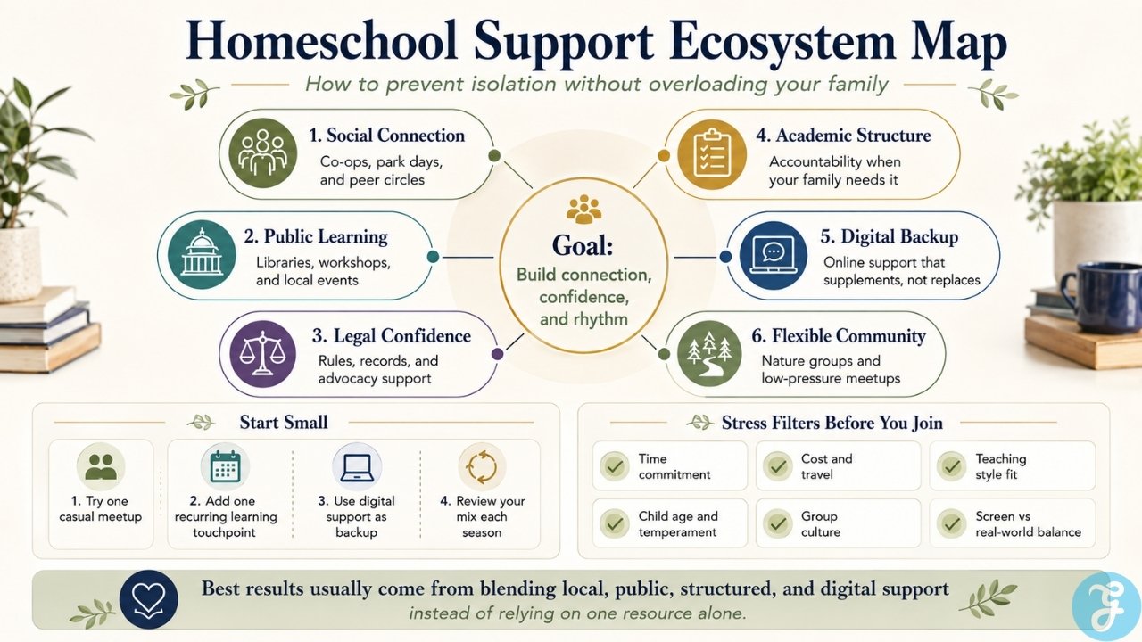 Homeschool support ecosystem map showing how families can balance social connection, legal confidence, public learning, and digital backup.