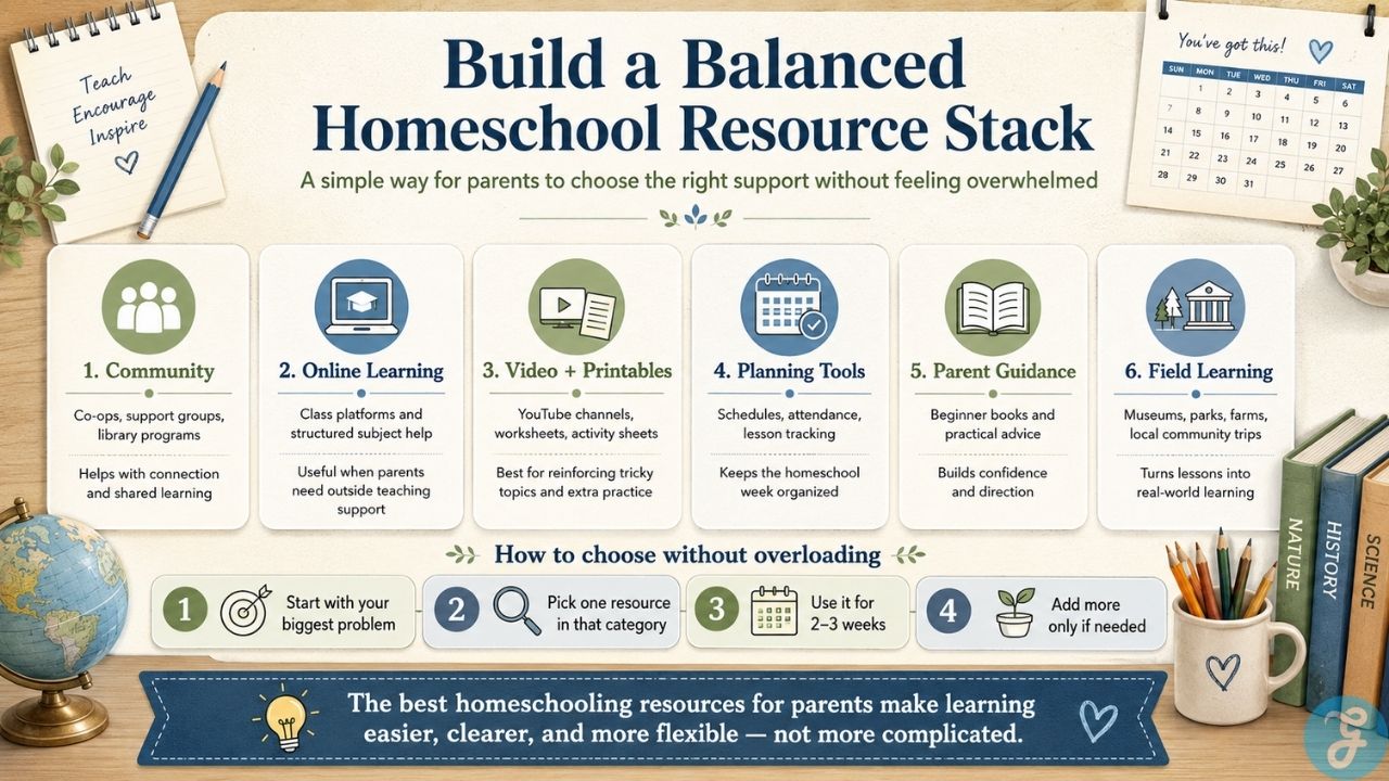 Infographic showing how parents can build a balanced homeschool resource stack with community online learning planning tools and field trips