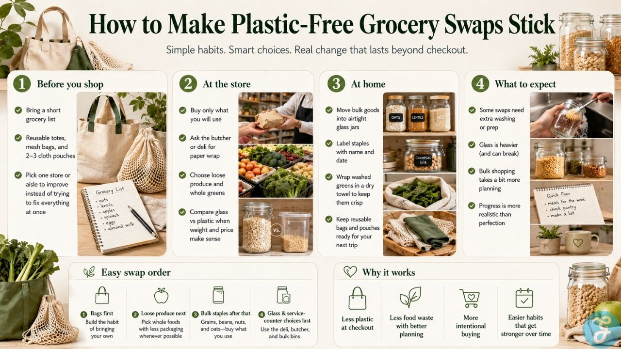 Infographic explaining how to make plastic free grocery swaps stick with shopping lists, reusable bags, bulk storage, glass jars, and realistic low waste habits