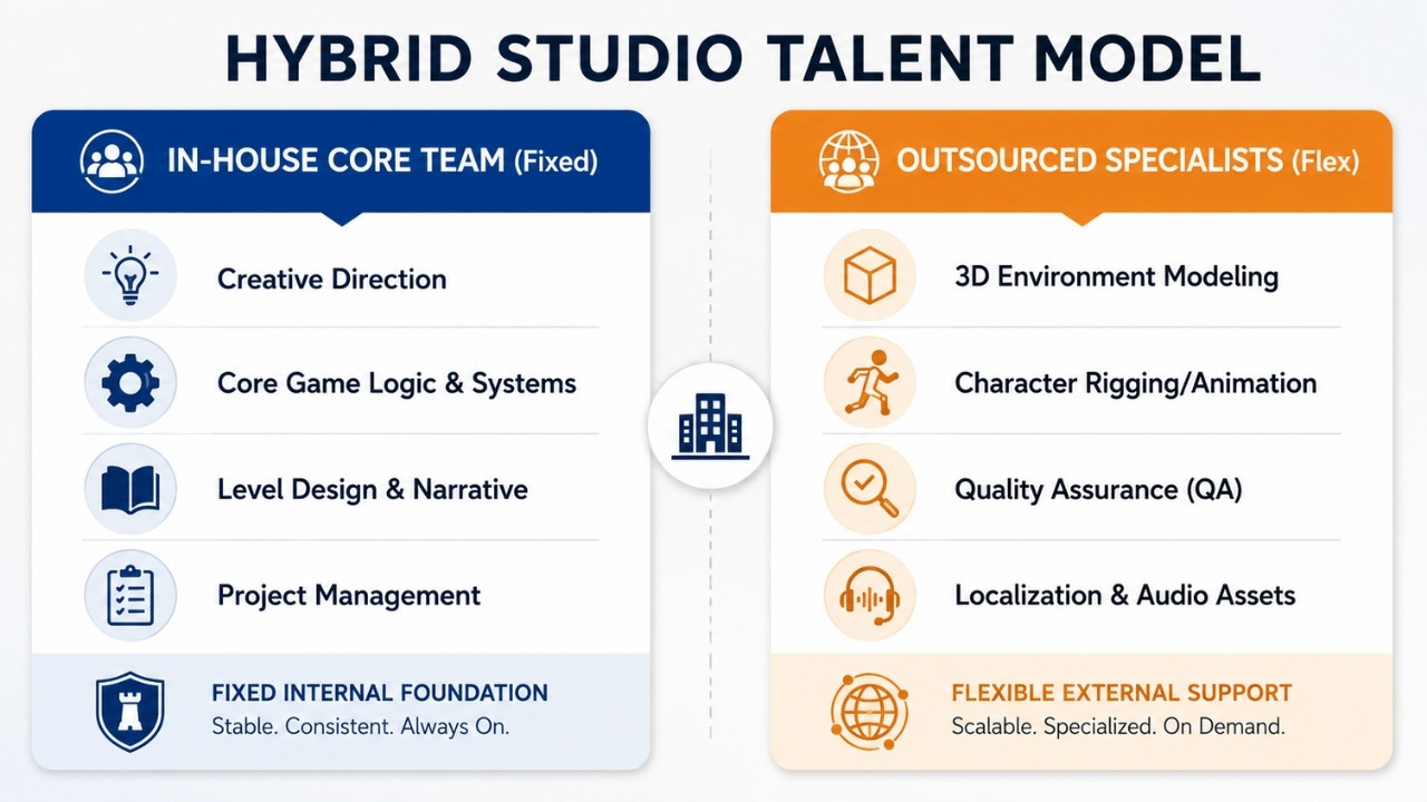 Infographic comparing an in house core game team with outsourced specialists to explain a flexible talent model for reducing game development costs.
