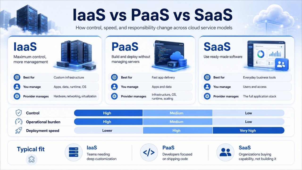 Infographic comparing IaaS, PaaS, and SaaS by control, management responsibility, deployment speed, operational burden, and typical use.