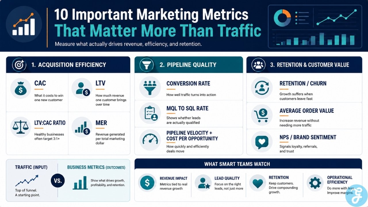 Infographic organizing important marketing metrics across acquisition efficiency, pipeline quality, and customer retention.