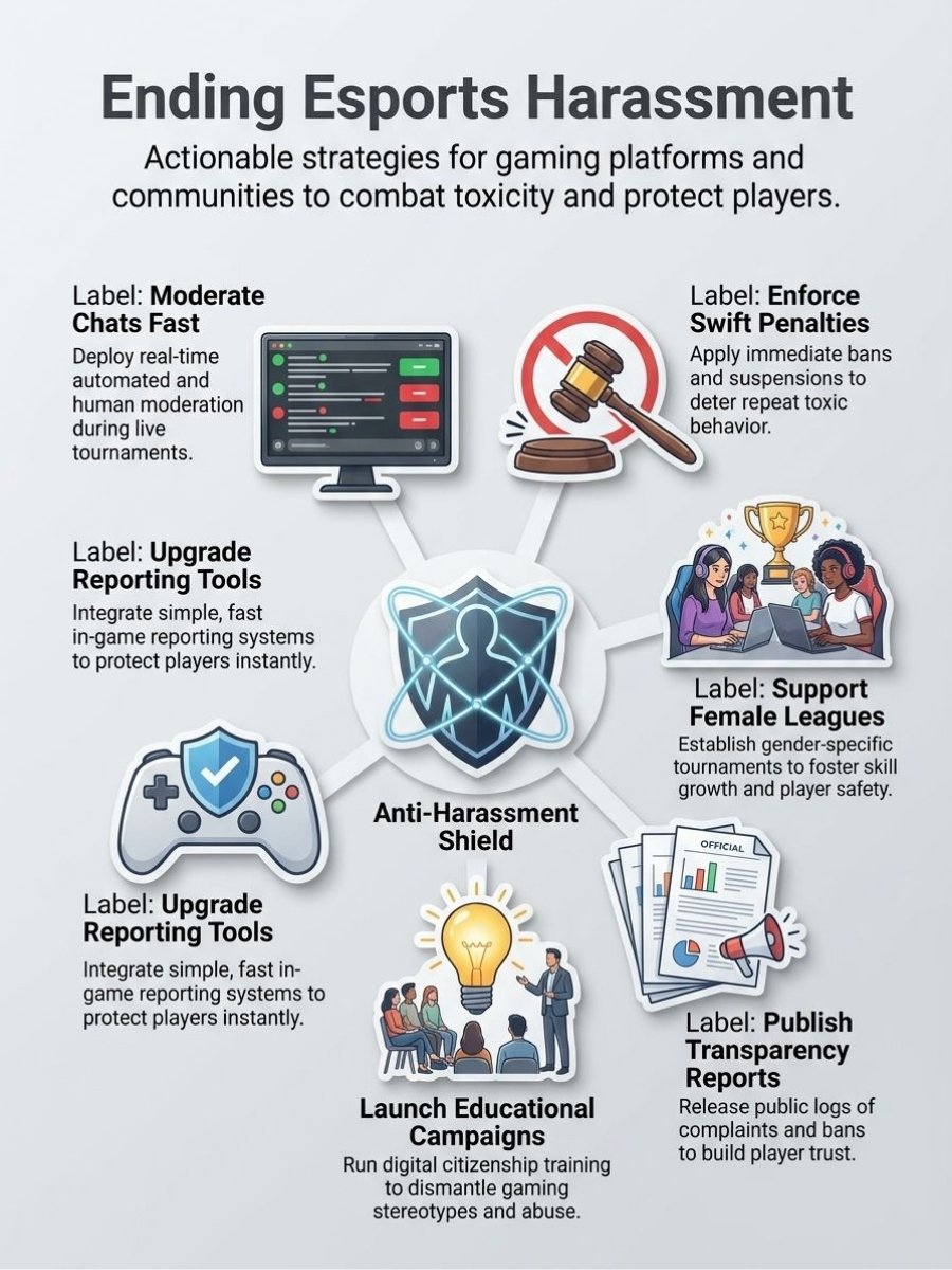 Infographic outlining practical esports harassment prevention methods, including moderation, reporting tools, penalties, education, and transparency.
