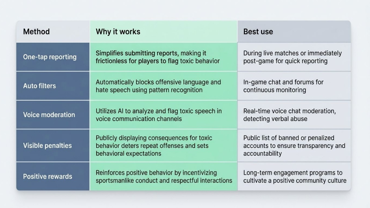 Comparison of reporting, automated filters, voice moderation, visible penalties, and positive rewards for reducing gaming toxicity.
