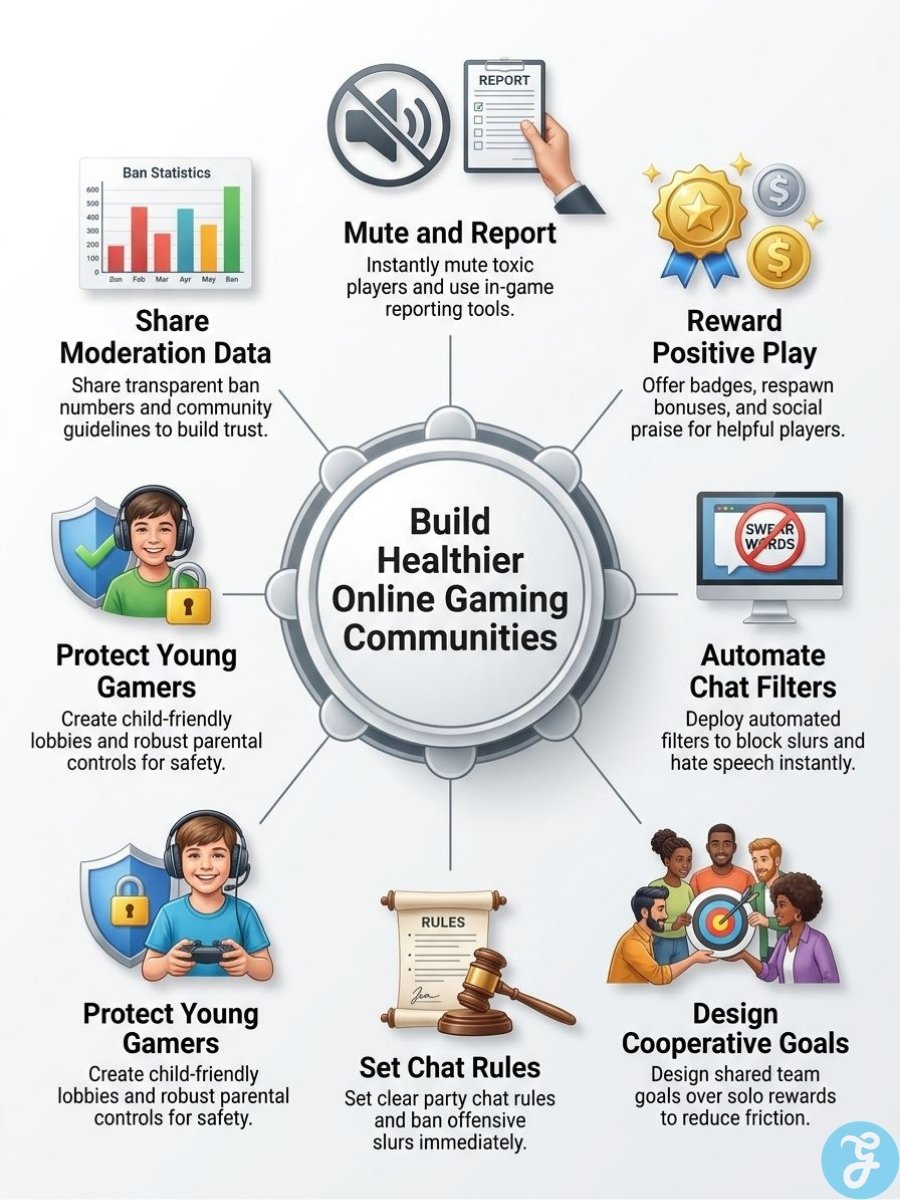 Infographic showing reporting tools, chat filters, player rewards, clear rules, and safety measures for healthier gaming communities.