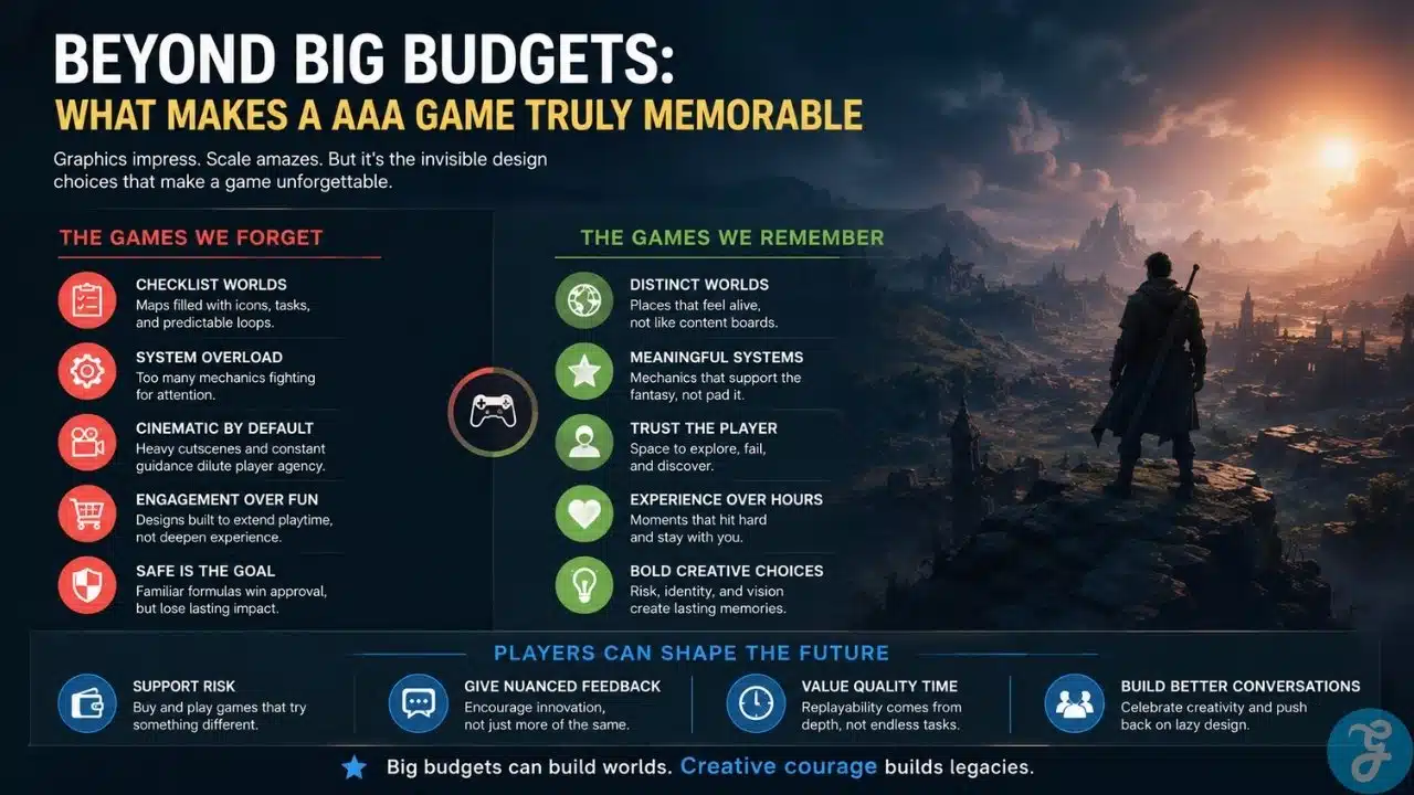 Infographic showing what makes AAA games memorable beyond big budgets, including distinct worlds, meaningful systems, player trust, and creative risk