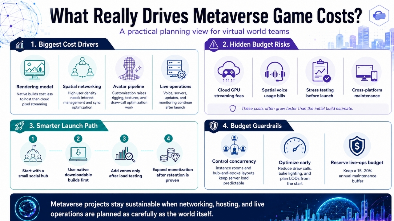 Infographic highlighting the major cost drivers, hidden budget risks, launch strategies, and budget guardrails for metaverse game development.