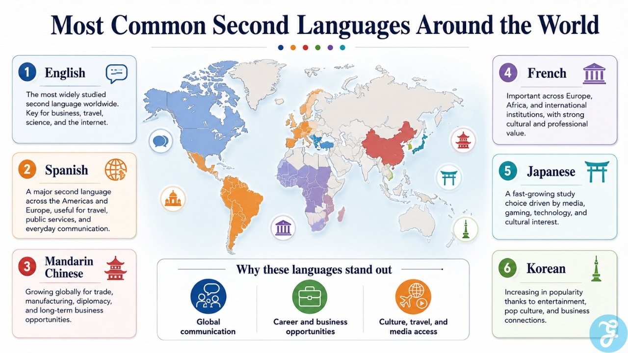 World map infographic showing the most common second languages including English, Spanish, Mandarin, French, Japanese, and Korean