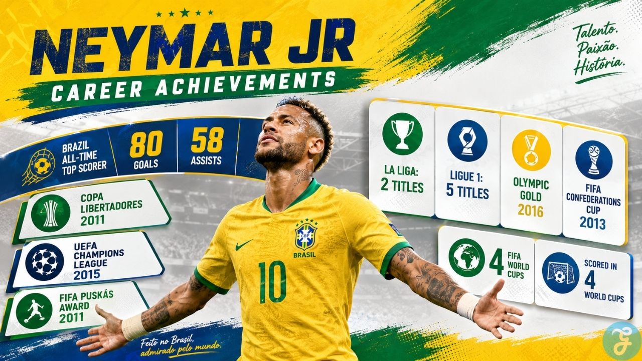 Neymar Jr achievements infographic showing his Brazil scoring record, major club trophies, Olympic gold, Confederations Cup win, and World Cup milestones