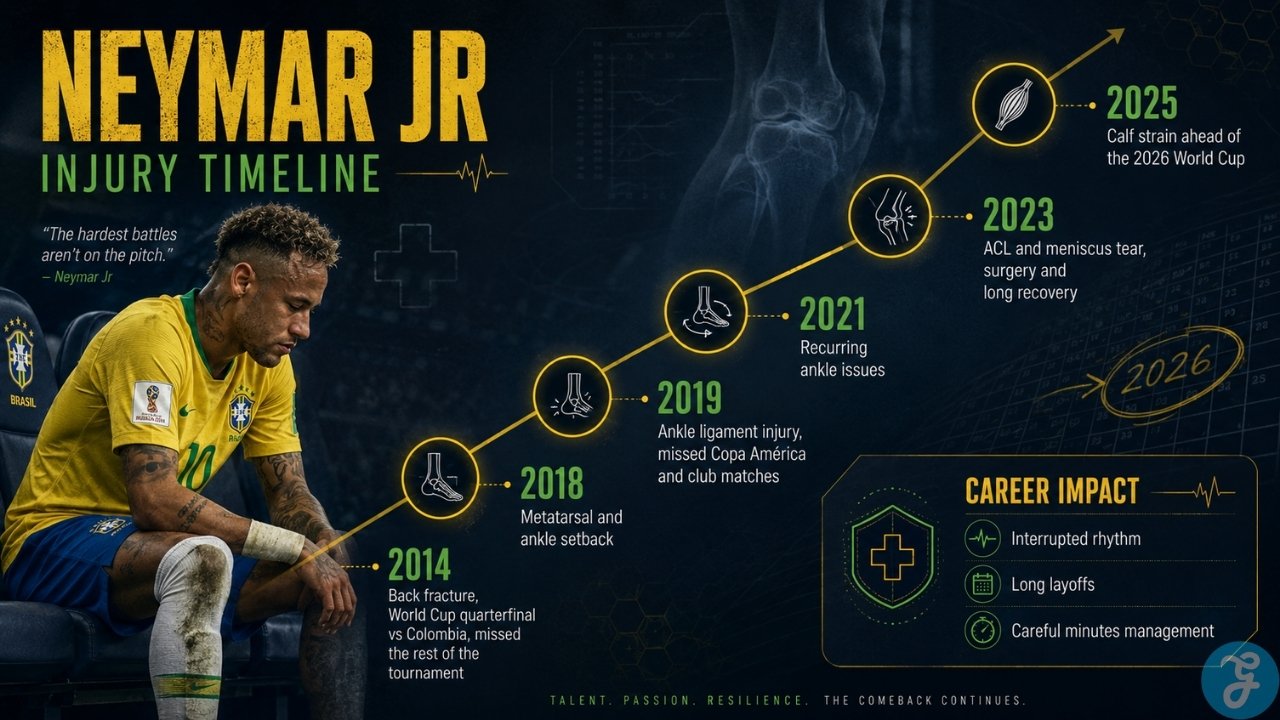 Neymar injury timeline infographic showing major injuries, recovery setbacks, and the career impact of repeated injuries on Neymar Jr