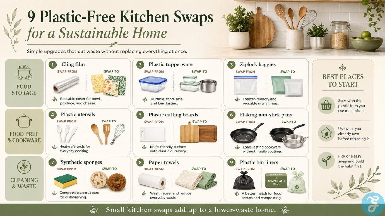 Nine plastic free kitchen swaps for a sustainable home with reusable storage cookware and cleaning alternatives