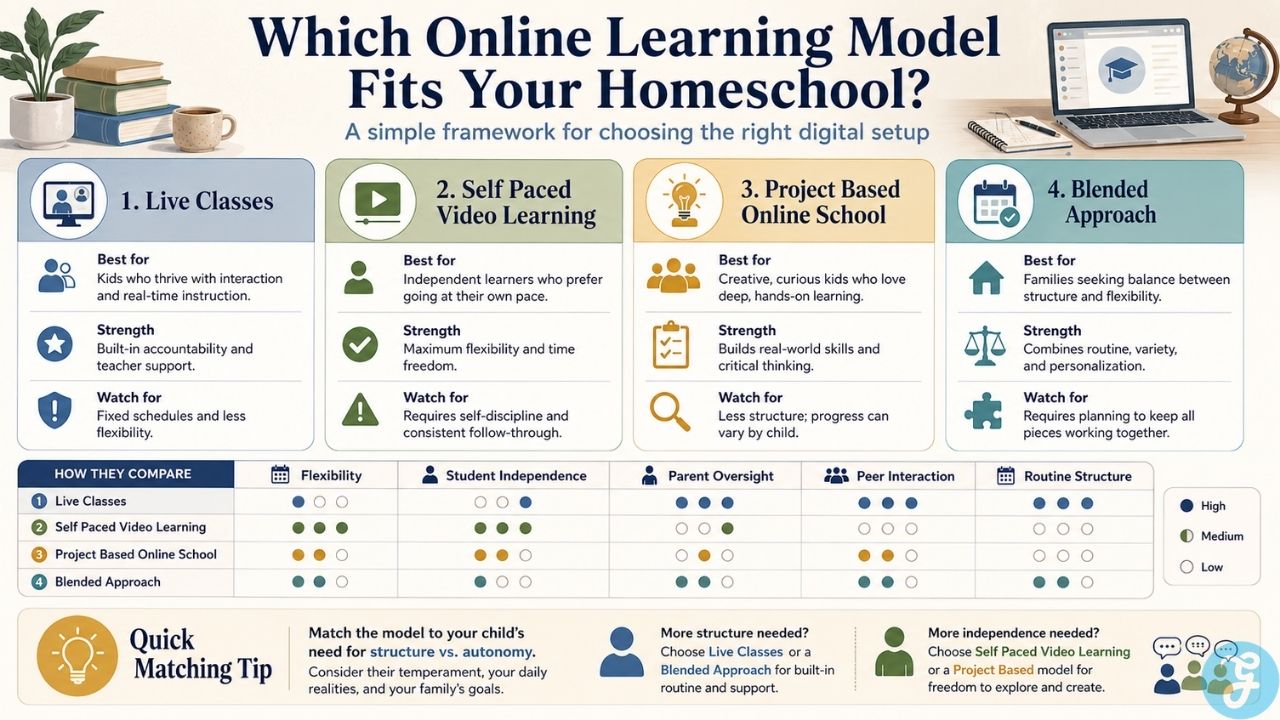 Infographic comparing online homeschool learning models to help parents choose the right balance of structure and flexibility.